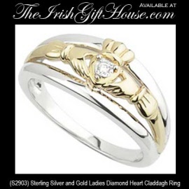 Solvar Irish Jewelry Ladies Sterling Silver and Gold Claddagh Ring with a Diamond Heart