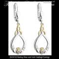 Solvar Irish Jewelry Sterling Silver and Gold Claddagh Earrings with Diamond Hearts
