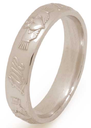 Mens Engraved White Gold Claddagh Ring