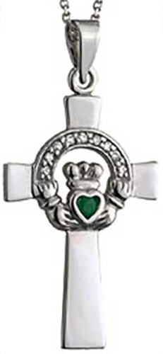 Claddagh Celtic Cross Necklace - White Gold - Diamond - Emerald