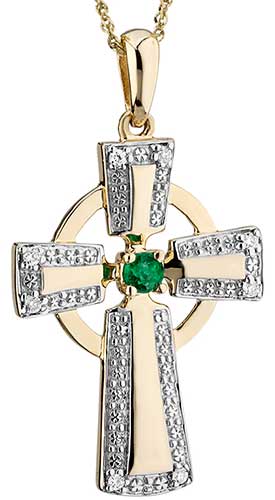 Gold Celtic Cross Necklace - Emerald - Diamonds - Solvar