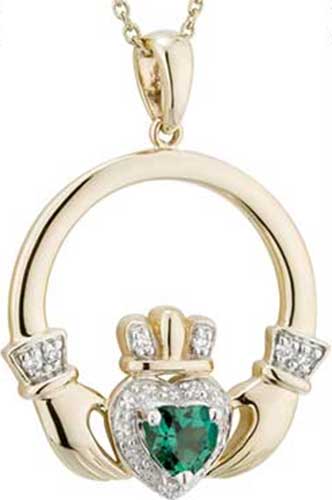 14K Emerald & Diamond Claddagh Pendant Solvar - Claddagh Necklace | Fallers