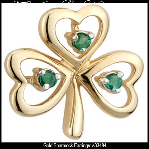 Gold Shamrock Earrings - Stud - Emeralds