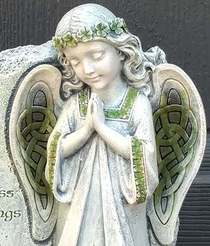 Solar Irish Angel and Shamrock Garden Stone Statue 