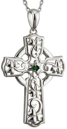 Emerald Celtic Cross Necklace - Silver 