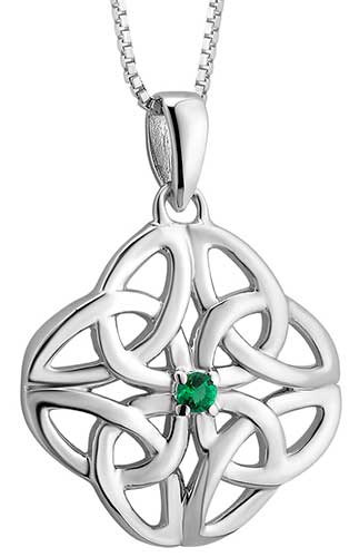 Irish Green Crystal and Silver Celtic Knot Angel Necklace