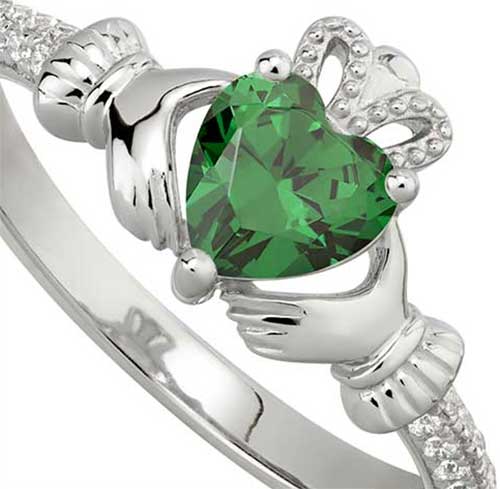 .925 Sterling Silver Claddagh Ring with Simulated Emerald Green Stone SHJSR362
